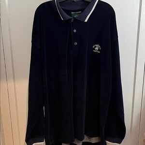 Vintage Beverly Hills Polo Club navy blue long-sleeve velvet polo shirt.
